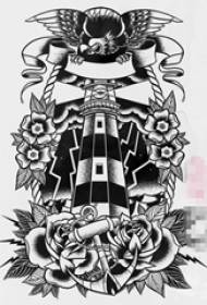 nwa desen kreyatif flè pèsonalite ak Eagle Lighthouse tatoo maniskri