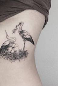 Meedercher op der Säit vun der Taille op der schwaarz groer Skizz Punkt Dornfäegkeeten Kreativ Crane Dier Tattoo Biller