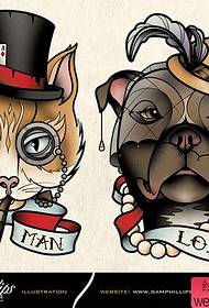 grúpa tóir clasaiceach de lámhscríbhinn tattoo cat agus puppy