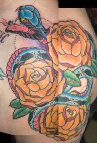 Modello di tatuaggio serpente di fiori gialli e colore blu