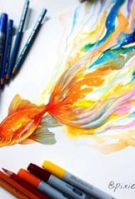 malt akvarell kreativt abstrakt fargerikt blekk gullfisk tatoveringsmanuskript