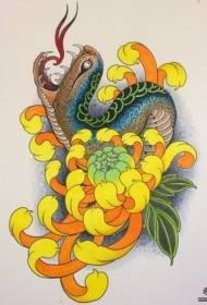 Escritura europea de patrón de tatuaje de crisantemo de serpe na cor europea