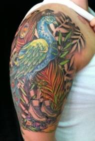patrón de tatuaxe de pavo real e planta de plumas