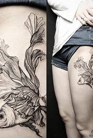 modello di tatuaggio coscia sexy pesce rosso linea splash inchiostro