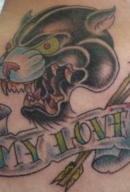 Testa di leopardo nero e modello di tatuaggio lettera freccia