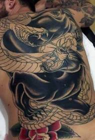 класична јапанска традиција Црна пантера змија и узорак тетоваже пуног леђа са ружама