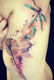 sab tav dej watercolor dragonfly thiab dandelion tattoo qauv