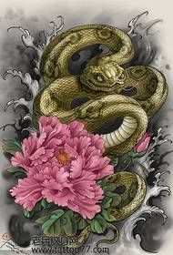 時尚經典色蛇牡丹紋身手稿