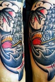 Arm old school colored big shark boat tattoo picture