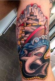 panangan warna nautical téma tattoo hiu Pola