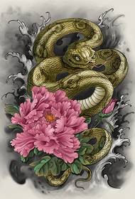 伝統的な蛇と牡丹のタトゥーパターン