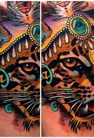 színes leopárd fej és ékszer tetoválás minta