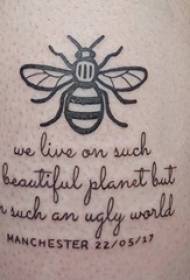 Boys calf on black line sketch creative bee delicate flower body English tattoo picture