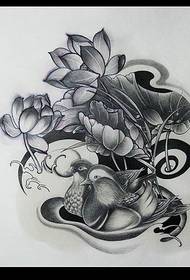 mandarin duck lotus sketch manuscript tattoo pattern na larawan