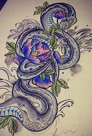 漂亮时尚好看的牡丹蛇纹身手稿图案图片