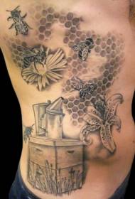 costela lateral preto cinza colméia e abelha flor tatuagem padrão