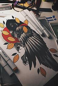 European school crow sun leaf tattoo pattern manuscript