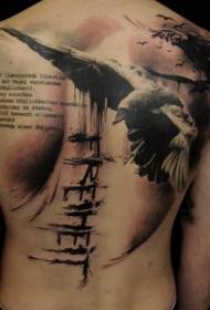 back realistic crow Tattoo pattern with letter splash ink