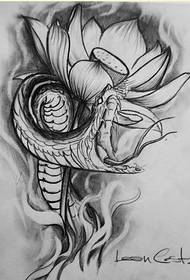 Moda güzel siyah gri yılan lotus dövme el yazması desen resim