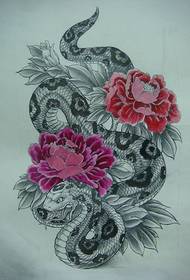 snake and peony manuscript tattoo pattern