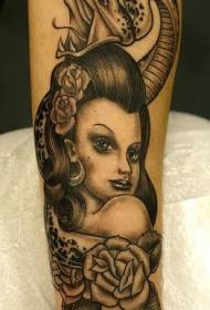 Female Portrait and Snake Rose Black Tattoo Pattern