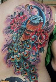 înapoi uimitoare pasăre colorată de păun cu model de tatuaj trandafir