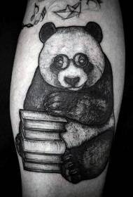 Engraving Style Black Wisdom Panda and Book Tattoo Pattern