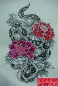 Snake and Peony Manuscript Tattoo Pattern