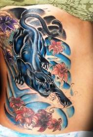 sānos rievota melna pantera ar spilgtu ziedu tetovējuma rakstu