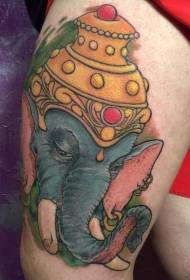thigh color elephant with helmet tattoo pattern