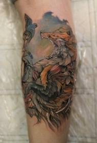 Ilustrācijas stila krāsaini putni un ļaunas lapsas tetovējums