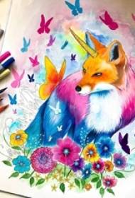 Пофарбовані аквареллю барвисті сплеск творчі красиві романтичні рукопис милий лисиця татуювання