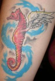 Krāsains jūras zirdziņa tetovējums ar spārniem uz spārniem