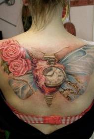 Крила на пеперуда с рози и модел на татуировка на сърдечен часовник