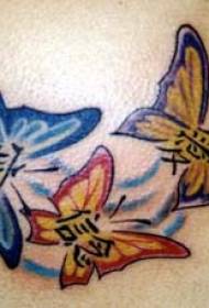Three colored butterflies and Chinese tattoo designs