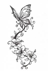 कालो रेखा कला सानो ताजा सुन्दर तितली र फूल ट्याटु पांडुलिपि