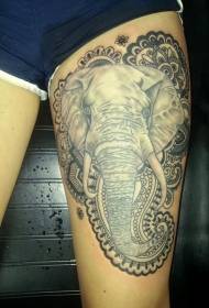 Oberschenkel schwarz grauer Elefant und Van Gogh Tattoo Muster
