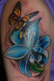Motif de tatouage papillon et fleur de lys bleu
