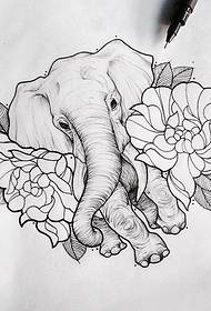 Manoscritto del modello del tatuaggio della linea dell'elefante del fiore della scuola europea