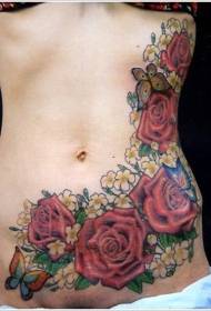 Trbuh raznobojni cvijet ruže i leptir tetovaža uzorak