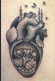 Eenvoudige zwarte lijn steken hart en vos familie tattoo patroon
