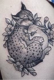 заек и котка прегръщат топъл и красив модел на татуировка