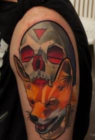 Modello di tatuaggio colorato teschio spalla e volpe geometrica