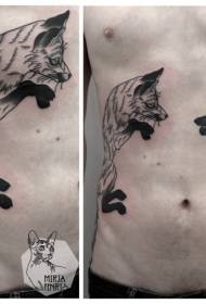 patrón de tatuaje de zorro negro y conejo de costilla lateral