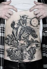 Живіт чорний західний ковбой верхова їзда та рослини татуювання візерунок