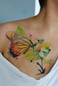 Clavicula acquerellu farfalla cù motivi di tatuaggi di fiori