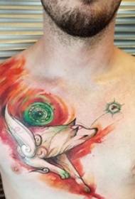 Апстрактна линија со градиент на сликање на градите момче, слика на тетоважи со мали животински лисици