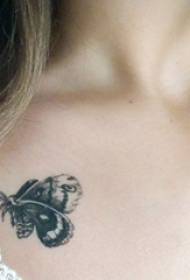 Ragazza sotto la clavicola linea nera schizzo bella foto tatuaggio farfalla