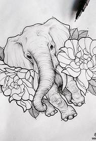 歐洲大象牡丹花卉紋身手稿