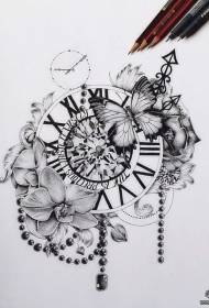 European and American flower butterfly clock tattoo pattern manuscript